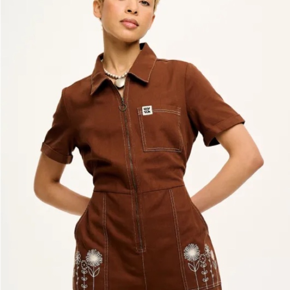 Lucy & Yak Ragan Jumpsuit / Romper - Cappuccino with White Flowers UK 16 / US 12
